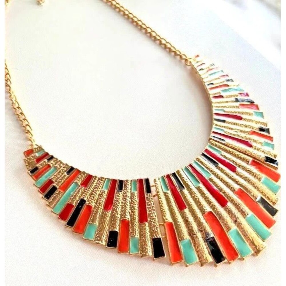 Vintage Egyptian Revival Bib Necklace Gold Tone Enamel Cleopatra Collar Art Deco